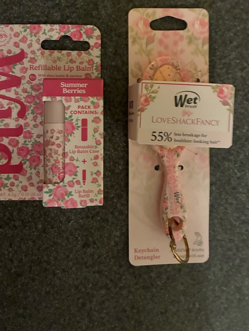 LoveShackFancy Pink Floral hair brush and loo gloss set